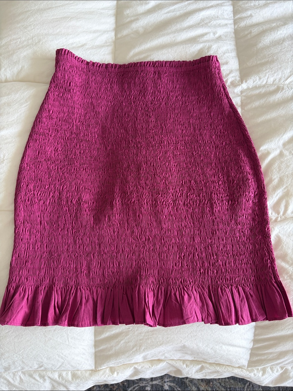 Anthropologie Bright Magenta Smocked Pencil Skirt with Ruffle Trim